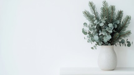 Fototapeta premium Minimalistic Home Decor with Eucalyptus and Pine Branches in Ceramic Vase