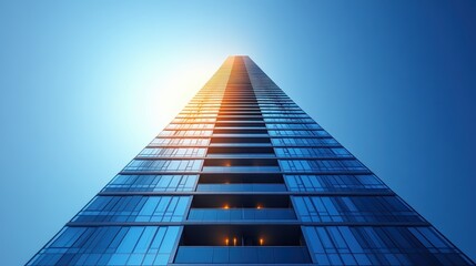 Modern Skyscraper Against Clear Blue Sky with Sunlight Reflection on Glass Windows - Urban Architecture and Contemporary Design