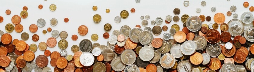 A collection of various coins on a white background.