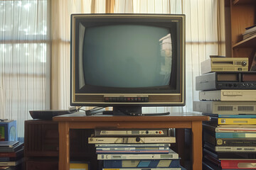 Displaying retro items like vintage TV, VHS tapes, cassettes, and old electronics on a wooden table creates a nostalgic ambiance with vintage charm