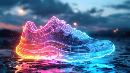 Glowing wireframe shoes in neon colors