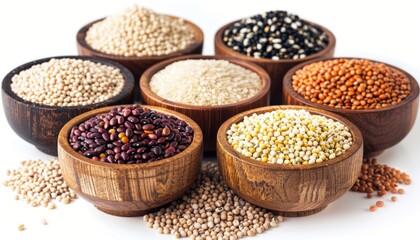 A Colorful Display of Various Grains and Pulses in Wooden Bowls on White Background