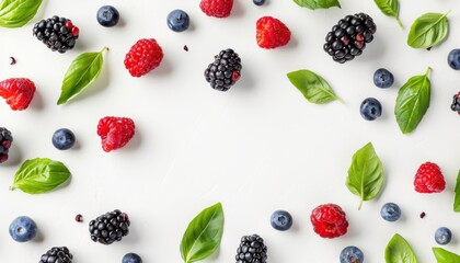 Fresh Assorted Berries and Basil Leaves Arranged on White Background for Culinary Presentation
