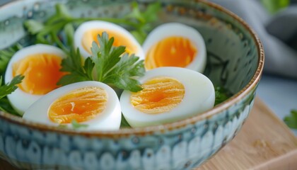 Deliciously Cooked Soft-Boiled Eggs Served in a Charming Bowl With Fresh Herbs