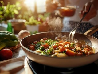 Family cooking, vibrant colors, fresh ingredients, cozy setting, inviting