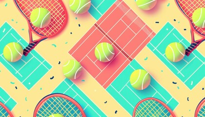 Colorful Arrangement of Tennis Rackets and Balls on Tennis Courts Background