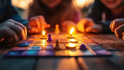 Family game night, vibrant colors, cozy setting, joyful scenes, inviting