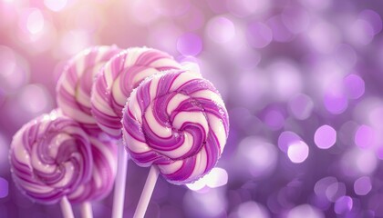 Colorful Swirled Lollipops on White Sticks With Sparkling Purple Background