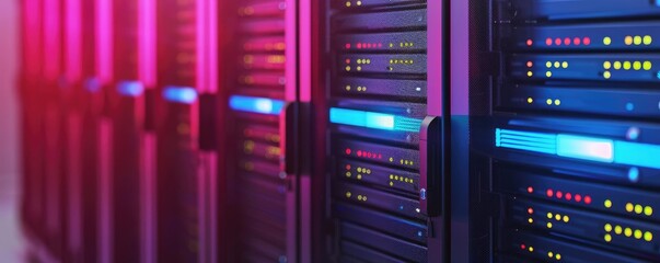 Naklejka premium LAN network racks, illuminated servers, advanced cooling systems, futuristic data center design