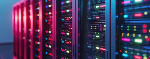 Naklejka premium LAN network racks, illuminated servers, advanced cooling systems, futuristic data center design