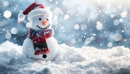Charming Snowman Wearing Santa Hat and Colorful Scarf Amidst Gentle Snowfall in Winter Wonderland