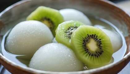 Refreshing Summer Dessert Featuring Kiwi Slices and Sweet Mochi Balls in Bowl