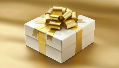 Elegant White Gift Box With Gold Ribbon Displayed on a Soft Golden Background During a Celebration