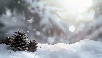 Pine Cones Covered in Snow Under Sunlight in Winter Wonderland Setting