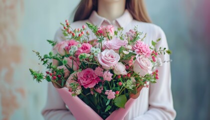 Delicate Woman Holding A Bouquet Of Pink Flowers In A Soft Indoor Setting