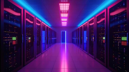 High-tech LAN racks, efficient cooling systems, neon blue glow, futuristic server management