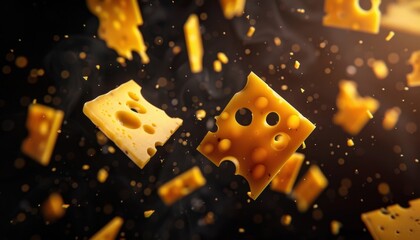 Floating Pieces of Cheese in a Dark Environment With Soft Lighting Effects