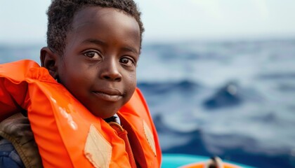 Young Child Wearing Life Jacket on Boat in Open Ocean During Daylight