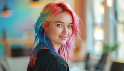 Young Woman With Vibrant Rainbow Hair Smiling in a Modern Coffee Shop Setting