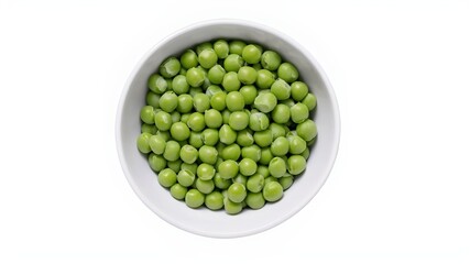 Fresh green garden peas in a white ceramic bowl isolated on white. Top view.