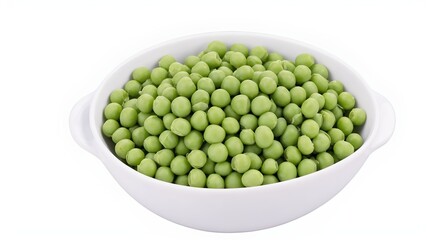 Fresh green garden peas in a white ceramic bowl isolated on white. Top view.