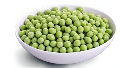 Fresh green garden peas in a white ceramic bowl isolated on white. Top view.