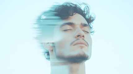 A man in a double exposure portrait with glitch technology, digital error and bug. Isolated on a background, inspired and artistic visual of modern and futuristic design with a creative concept twist.