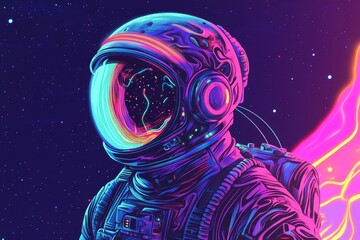 Cosmic Voyage: Psychedelic Astronaut with Glowing Helmet in Retro-Futuristic Space Suit Explores Galactic Wonders.