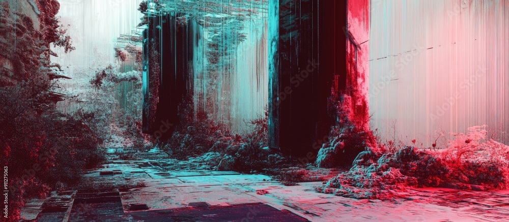 Poster 3d rendering in progress with technological glitches and screen interference effects