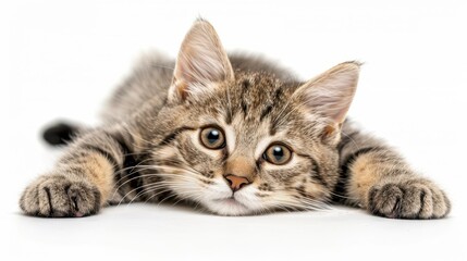 Adorable feline portrait showcasing a fluffy kittens beauty and playful curiosity with white paws and bright eyes.