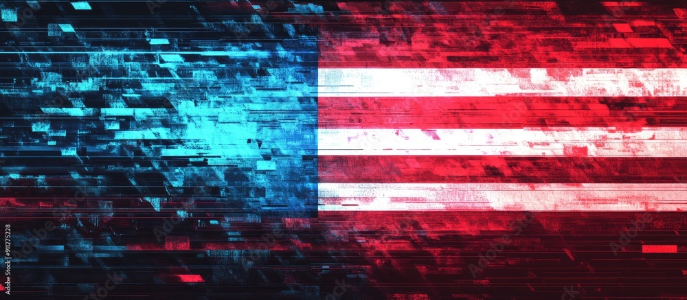 Poster 3d rendering of a flag with technological glitch effects and various interference patterns