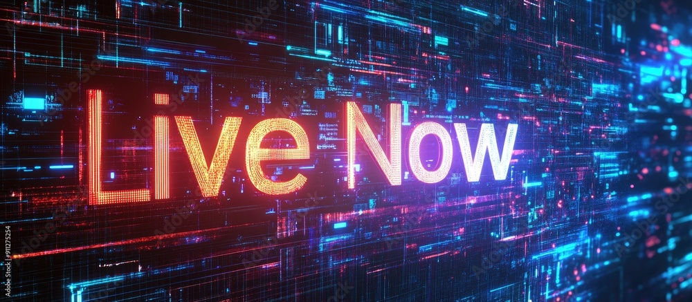 Poster 3d rendering of live now text with technological glitches and screen interference effects