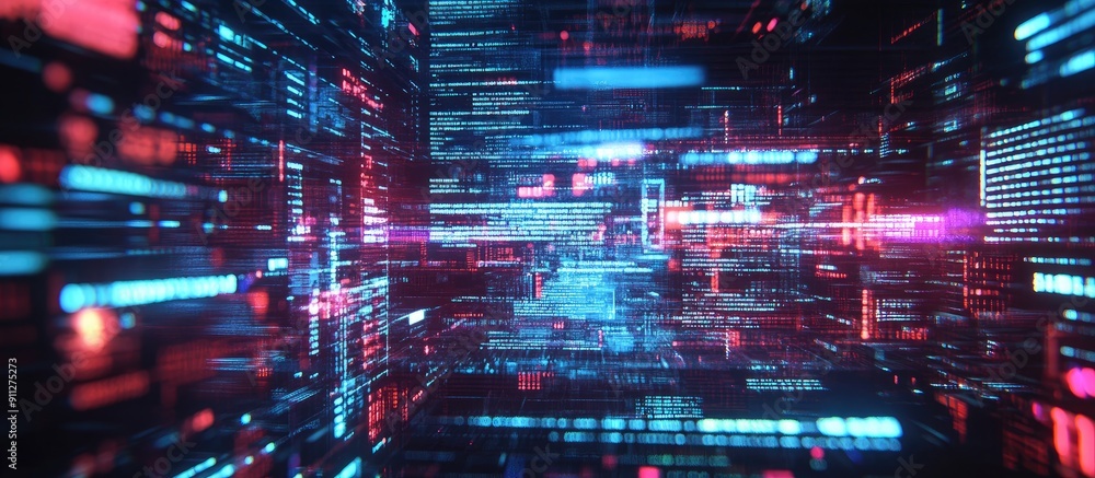 Poster 3d rendering of technology themed text with visual glitches and screen interference effects
