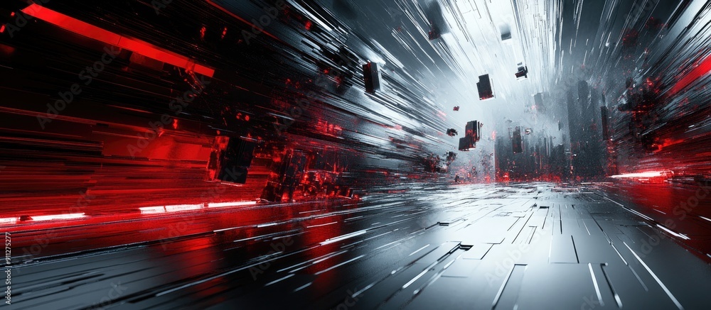 Poster 3d rendering underway with visual effects of technological glitches and interference