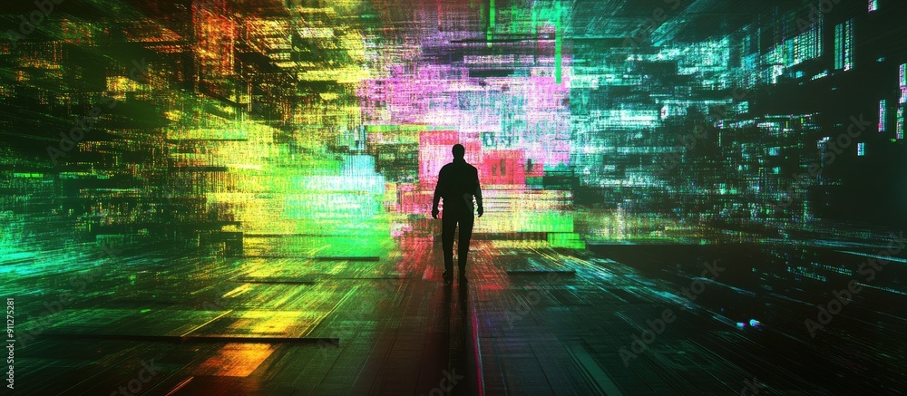 Aufkleber 3d rendering underway with technological glitch effects and screen interference