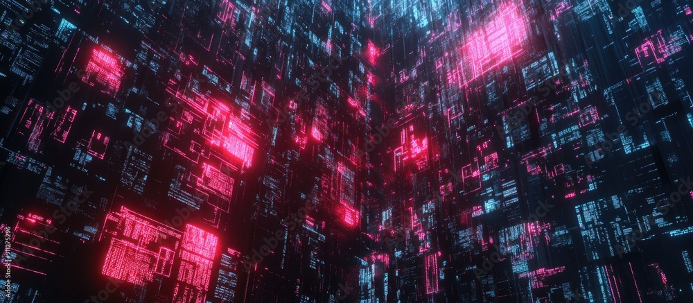 Poster 3d rendering of text with technological glitches and visual interference effects