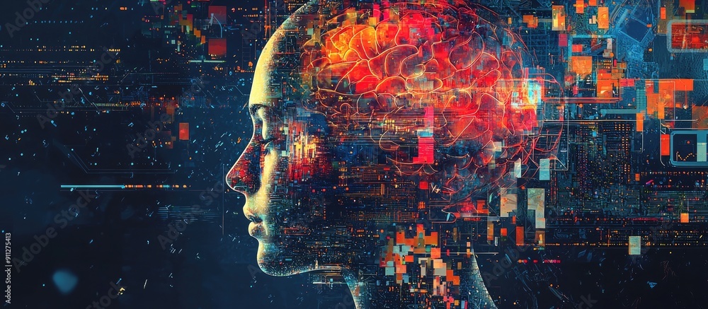 Poster abstract 2d illustration of thought process with brain imagery and ai concepts technology inspired b