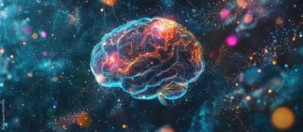 Poster abstract 2d illustration of thought process with brain imagery and ai concepts technology inspired b