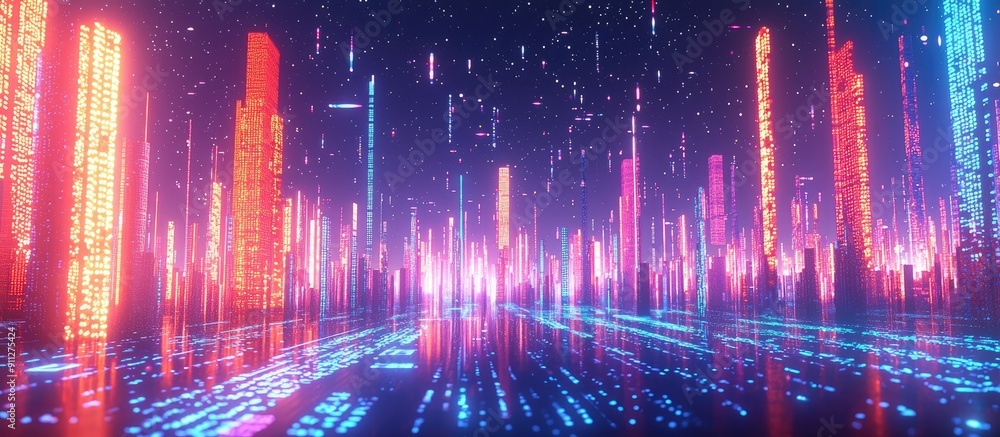 Poster a vibrant digital cityscape glowing with neon lights showcasing streams of binary code and cutting e