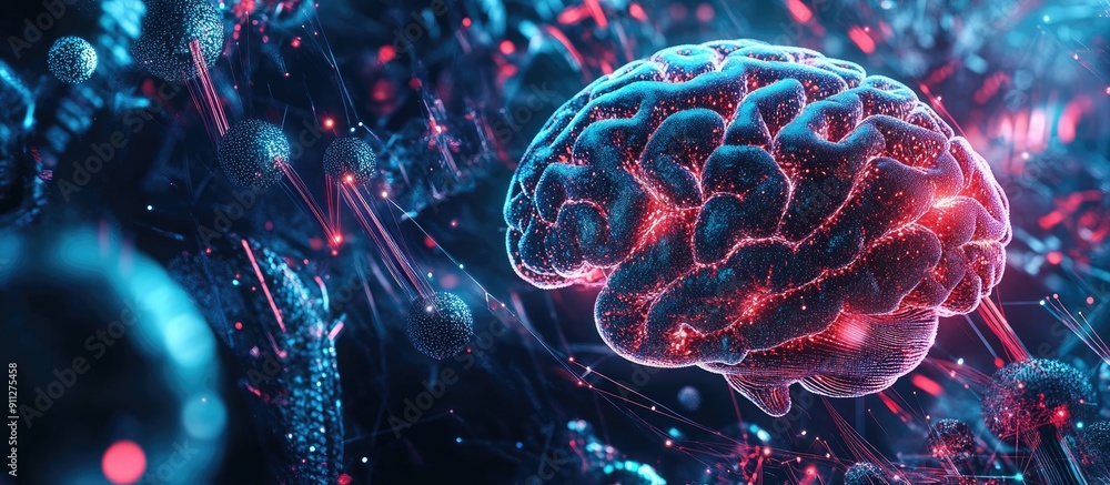 Poster abstract 3d illustration of the intersection of human brain and artificial intelligence in technolog
