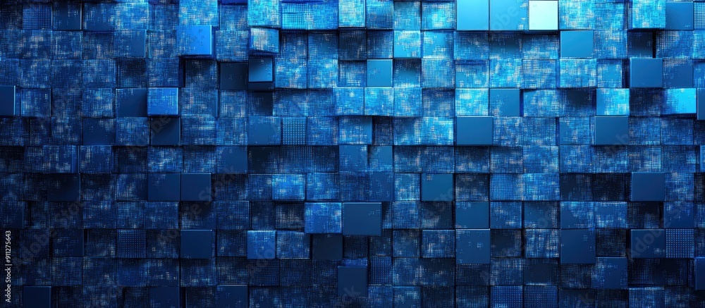 Poster abstract blue mosaic background with a technology theme digital squares in blue tones bright pixelat