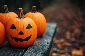 Discover a haunting scene of carved Halloween pumpkins illuminated in a dark forest, perfect for capturing the essence of the season.