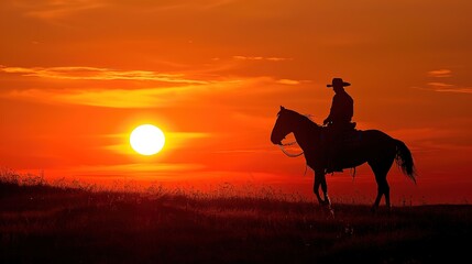  Lone Cowboy Riding into the Sunset on Horseback, Dramatic Silhouette Against Vibrant Orange Sky, Evoking Freedom and the Wild West