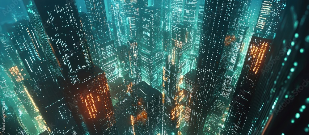 Poster aerial animation of futuristic skyscrapers with digital numbers 3d render illustrating business and 