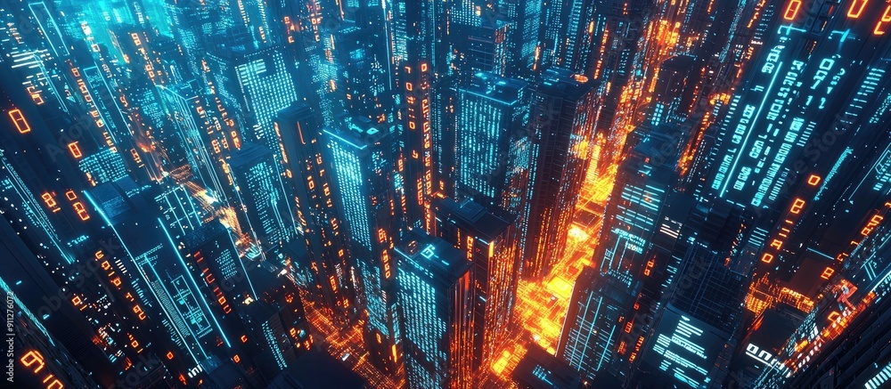 Poster aerial animation of futuristic skyscrapers with digital numbers 3d render illustrating business and 