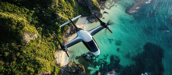 Aerial view of an eVTOL aircraft in mid flight over a coastal area surrounded by lush vegetation and vibrant green waters during the afternoon