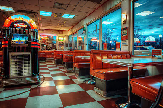 Enjoy the classic retro diner with red booths, checkerboard floor, and jukebox. The nostalgic ambiance includes neon lights in a twilight setting