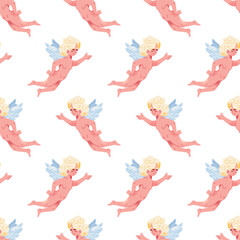 Character amur cupid valentines day seamless pattern. Cartoon angel with a bow, arrow, wing and heart. Set of cute flying characters wedding. vector illustration isolated on background