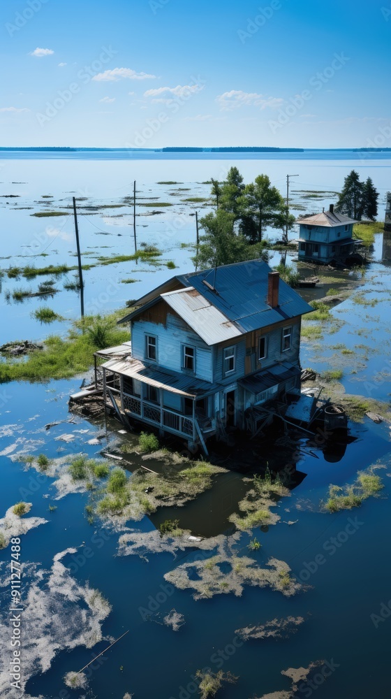 Sticker aerial view of widespread flooding in countryside. a rural area vividly illustrating extensive flood