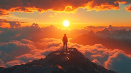 Man on Mountaintop at Sunrise, Looking at Horizon